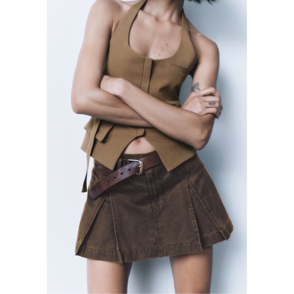 Zara Waxed brown mini skort Sz M autumn 🍂